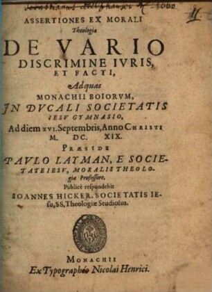Assertiones Ex Morali Theologia De Vario Discrimine Ivris Et Facti