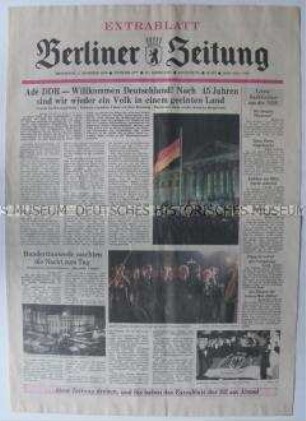 Sonderausgabe der "Berliner Zeitung" zum Tag der Vereinigung der beiden deutschen Staaten ("Adé DDR - Willkommen Deutschland")