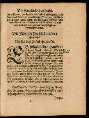 Die Zehende Predigt aus der Haustafel. Wie sich das Gesinde halten sol.