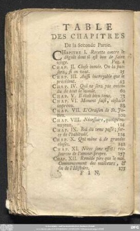 Table Des Chapitres De la Seconde Partie.