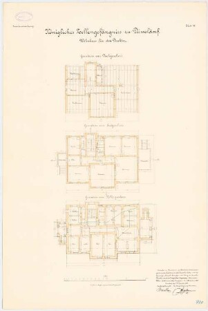 Zellengefängnis, Düsseldorf Wohnhaus für den Direktor: Grundriss KG, EG, DG, 1:100