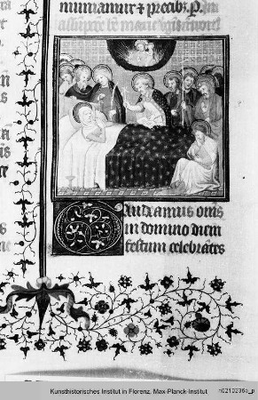 Missale Romanum cum Calendario : Textseite mit Randseitenbordüre, Initiale G und Miniatur: Marientod