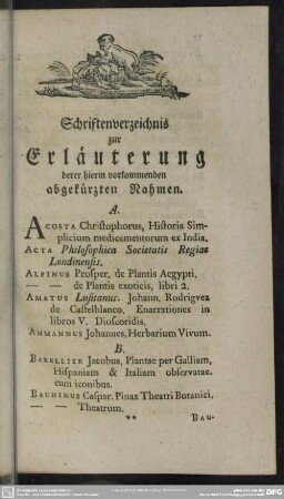 Schriftenverzeichnis zur Erläuterung derer hierin vorkommenden abgekürzten Nahmen