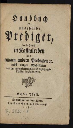 8. Theil (1780): Handbuch für angehende Prediger
