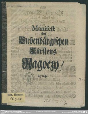 Manifest Des Siebenbürgischen Fürstens Ragoczy, 1704.