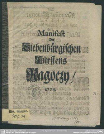 Manifest Des Siebenbürgischen Fürstens Ragoczy, 1704.