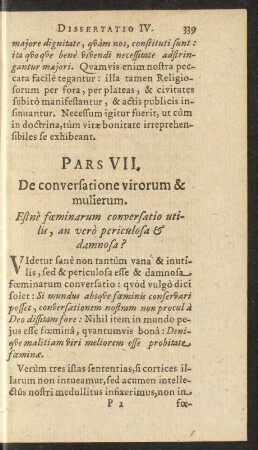 Pars VII. De conversatione virorum & mulierum.
