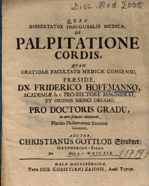 Dissertatio Inauguralis Medica, De Palpitatione Cordis