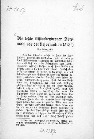 Die letzte Disibodenberger Abtswahl vor der Reformation 1523