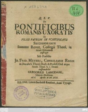 De Pontificibus Romanis Uxoratis Et Filiis Patrum In Pontificatu Successoribus