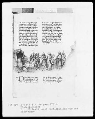 Historienbibel des Alten Testaments — David tanzt Harfe spielend vor der Bundeslade, Folio 129recto