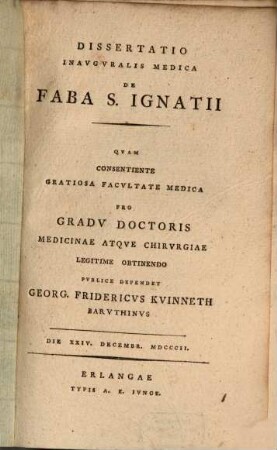 Dissertatio inavgvralis medica de faba S. Ignatii : qvam ... pro gradv doctoris ...