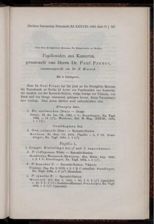 Papilioniden aus Kamerun, gesammelt von Herrn Dr. Paul Preuss