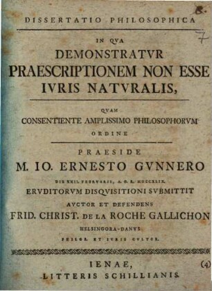 Dissertatio Philosophica In Qva Demonstratvr Praescriptionem Non Esse Ivris Natvralis