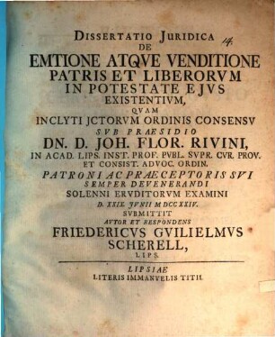 Dissertatio juridica De emtione atque venditione patris et liberorum in potestate ejus existentivm