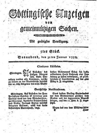 5tes Stück. Sonnabend, den 31ten Januar 1778.