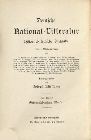 Grimmelshausens Werke, 1. Der abentheuerliche Simplicius Simplicissimus ; Bd. 1