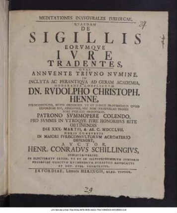 Meditationes Inavgvrales Ivridicae, Qvaedam De Sigillis Eorvmqve Ivre Tradentes