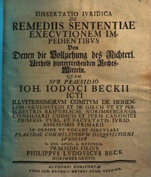 Dissertatio Ivridica De Remediis Sententiae Executionem Impedientibus