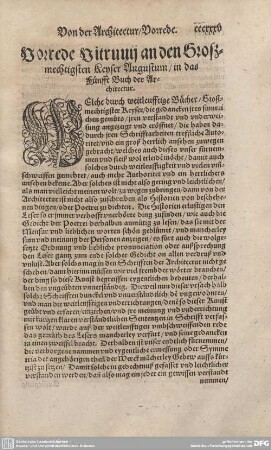 Vorrede Vitruvii an den Großmechtigsten Keyser Augustum/in das Fünffte Buch der Architectur.