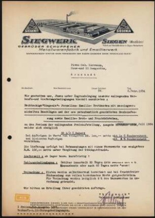 Firmenbriefköpfe Siegwerk Gebr. Schuppener, Metallwarenfabrik und Emaillierwerk