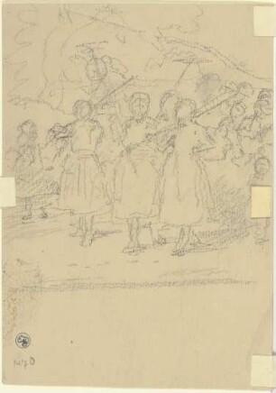 Eine Gruppe Bauernmädchen mit Rechen