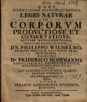 Dissertatione Inavgvrali Medica Leges Natvrae In Corporvm Prodvctione Et Conservatione