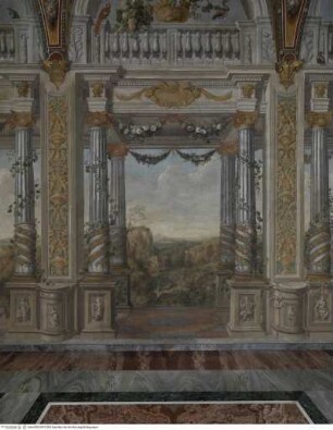 Weite Landschaften hinter illusionistischer Kolonnade mit bekrönender Balustrade, Weite Landschaft mit Wasserfall und Felsen