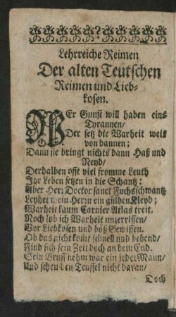 Lehrreiche Reimen Der alten Teutschen Reimen und Liebkosen.