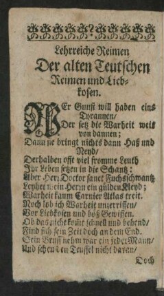 Lehrreiche Reimen Der alten Teutschen Reimen und Liebkosen.