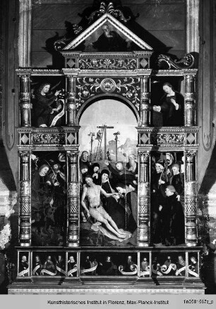 Die Kreuzabnahme und Beweinung Christi, die Verkündigung an Maria, Gottvater, die zwölf Apostel, Heilige und Stifter