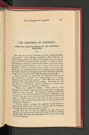 The Chinaman in Australia. Personal Reminiscences of the Northern Territory.