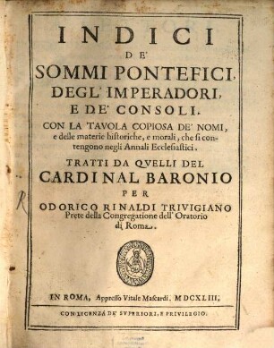 Indici de'sommi pontefici, degl'imperadori et consoli