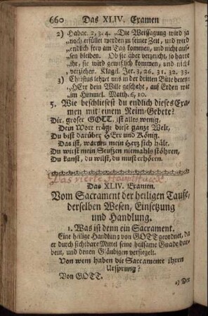 Das XLIV. Examen. Vom Sacrament der heiligen Taufe, derselben Wesen, Einsetzung und Handlung