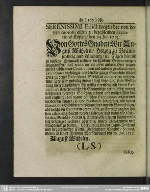 Edict wegen der von denen morolis allein zu bezahlenden Executions-Kosten, den 29. Jul. 1715