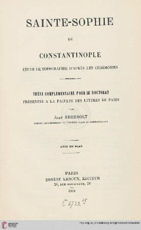 Sainte-Sophie de Constantinople : étude de topographie d'apres les cérémonies