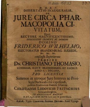 Dissertatio Inauguralis, De Jure Circa Pharmacopolia Civitatum