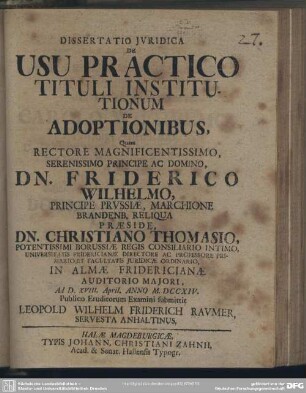 Dissertatio Jvridica De Usu Practico Tituli Institutionum De Adoptionibus