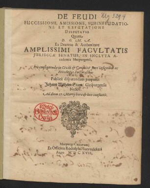 De Feudi Successione, Amissione, Subinfeudatione Et Refutatione Disputatio