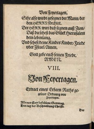 VIII. Von Feyertagen. Extract eines Erbarn Raths gegebner Ordnung von Feyertagen.