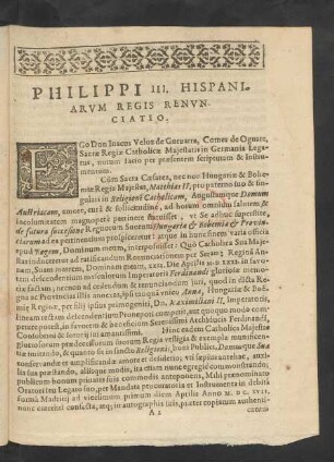 Philippi III. Hispaniarum Regis Renunciatio.