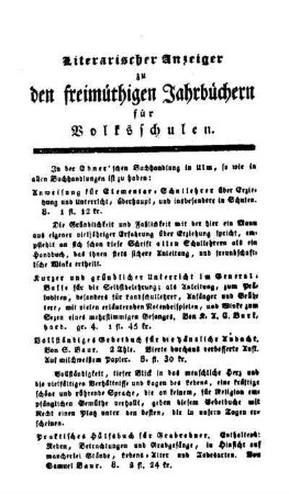 Literarischer Anzeiger zu den freimüthigen Jahrbüchern für Volksschulen