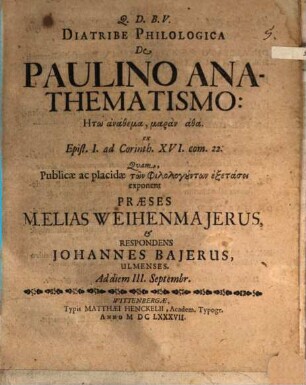 Diatribe philol. de Paulino anathematismo: ētō anathema marau ada ex Epist. 1 ad Corinth. 16, 22