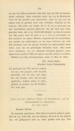 XXII. Brief van den Admiraal Jacob van Heemskerck, ... (17 Juny 1601)