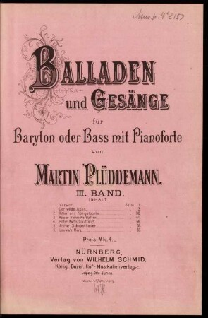 Balladen und Gesänge : für Baryton oder Bass mit Pianoforte. 3. 3 Bl., 59 S.