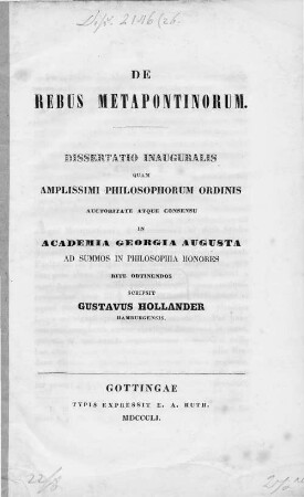 De rebus Metapontinorum : dissertatio inauguralis