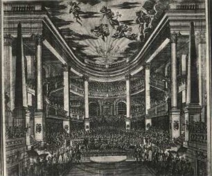 Ehemaliges Opernhaus am Taschenberg. Inneres bei einer Ballettaufführung am 3. Februar 1678 : Ehemaliges Opernhaus am Taschenberg. Inneres bei einer Ballettaufführung am 3. Februar 1678. Stich (um 1680). Dresden: Stadtmuseum