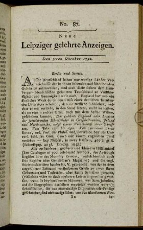 No. 87. Den 31ten Oktober 1791.
