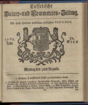 32. Stueck, Montag den 9ten Augusti 1762
