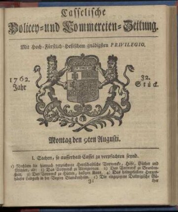 32. Stueck, Montag den 9ten Augusti 1762